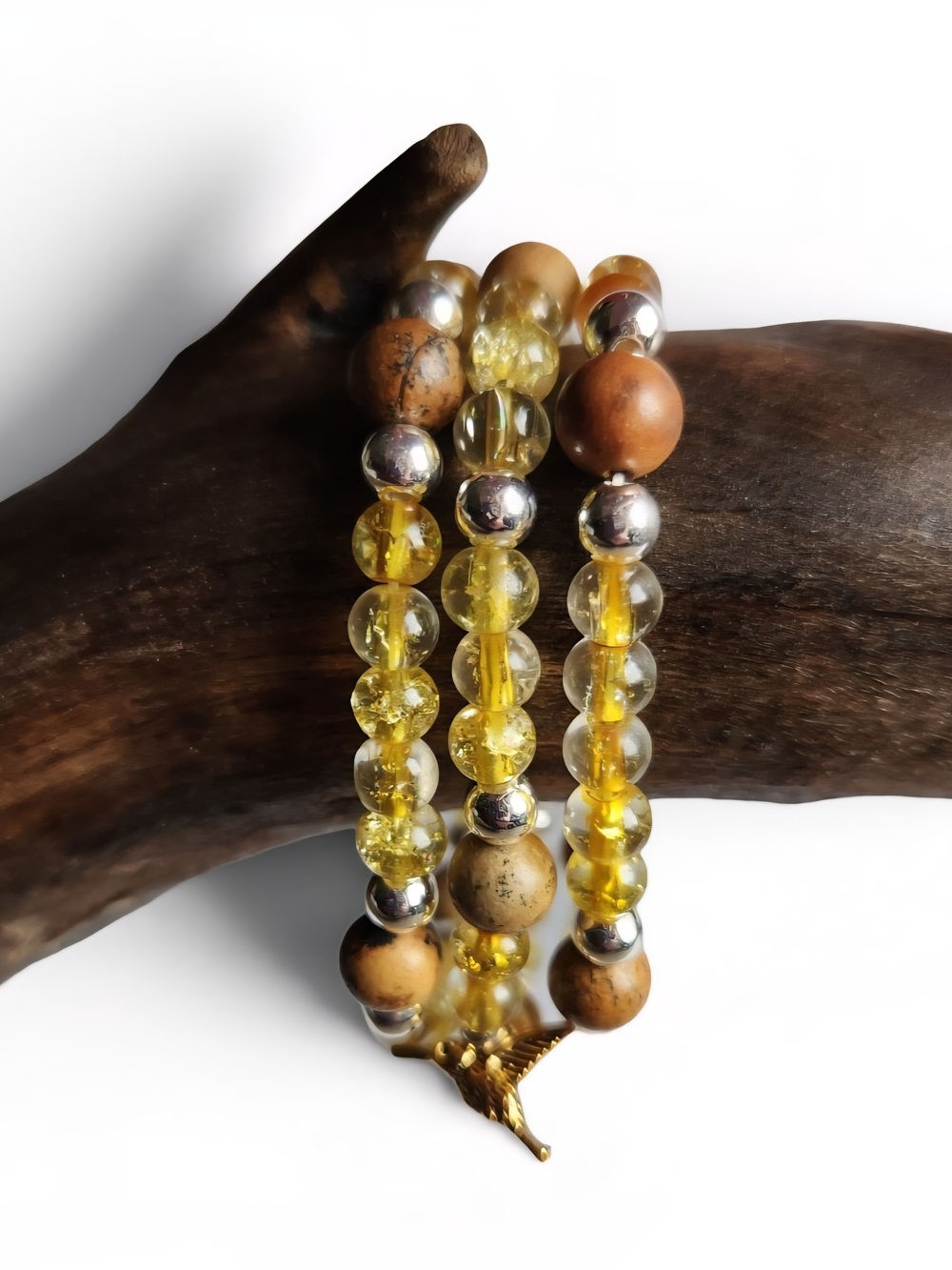 Earth Stone Yellow and Brown Beaded Stretch Bracelet Set With Bird Charm
